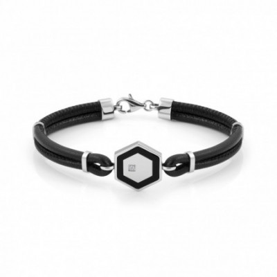 Leather, Stainless Steel and Cubic Zirconia Bracelet