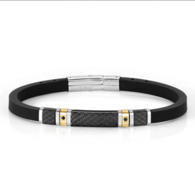 City Black & Gold PVD Steel Pattern Black CZ Silicone Bracelet