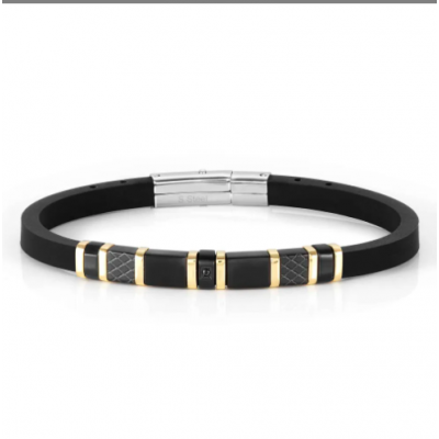 City Black & Gold PVD Steel Black CZ Silicone Bracelet